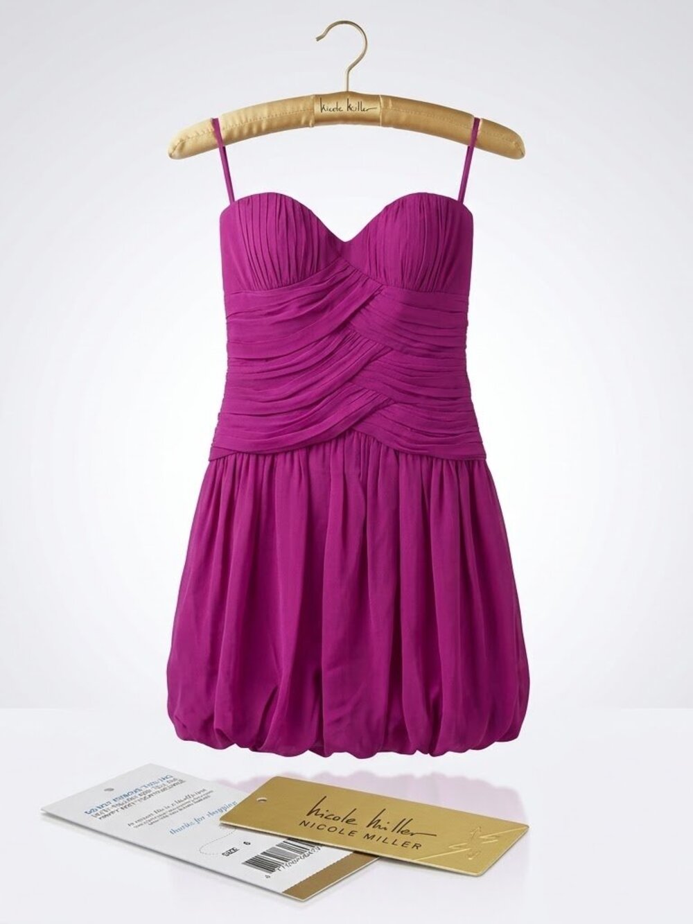 NWT Nicole Miller Silk Strapless Bubble Hem Cocktail Dress Magenta Size 6